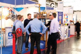 Rob Smith, Mick Durkin and Matt Shirley speaking with customers Dan Stafford, Pete Wright and Jack Eley from Isis Fluid Controls