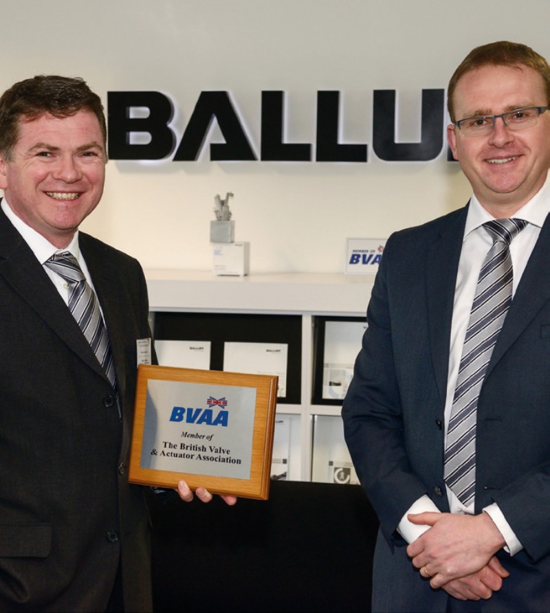 John Radford, Managing Director and Adrian Sorsby, Field Sales Manager of Balluff Ltd with a BVAA plaque.