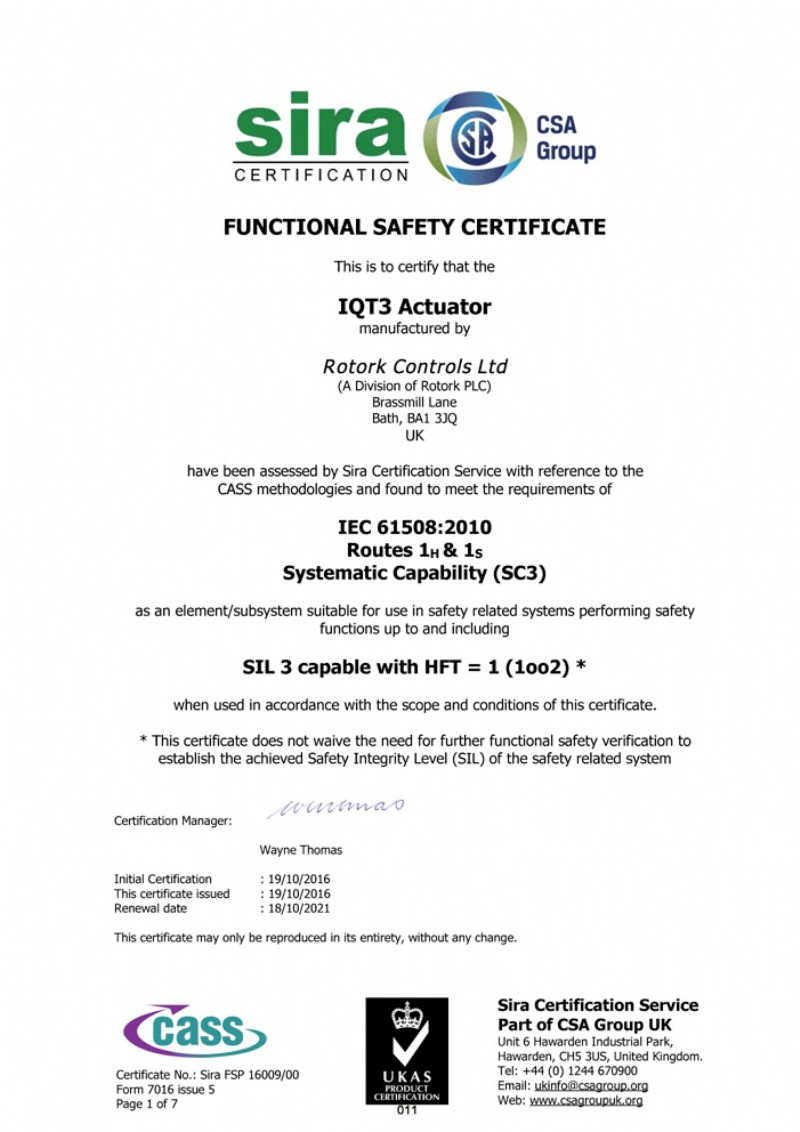 Reproduction of Certificate by kind permission of Rotork Controls Plc