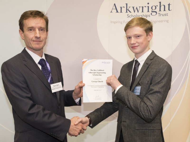 From left to right : Mark Ward, Webtec, presenting the Roy Cuthbert Scholarship award to George Cheeld