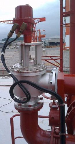 VOCON venting control valve with Rotork CMA actuator installed on the deck of an oil tanker.