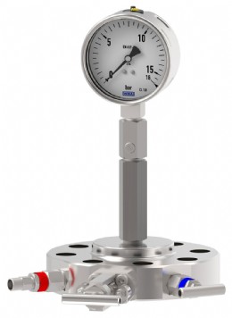 Pressure gauge with an overpressure protector and a monoflange at the process.