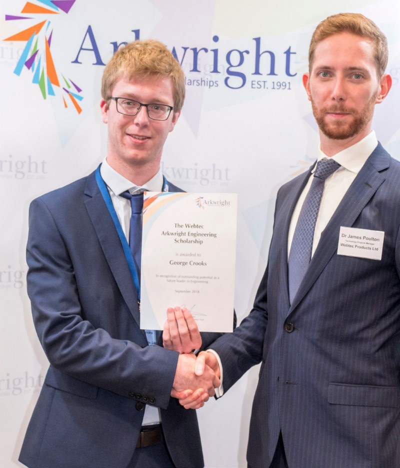 From L to R : George Crooks receiving the Roy Cuthbert Scholarship award from Webtecs James Poulten