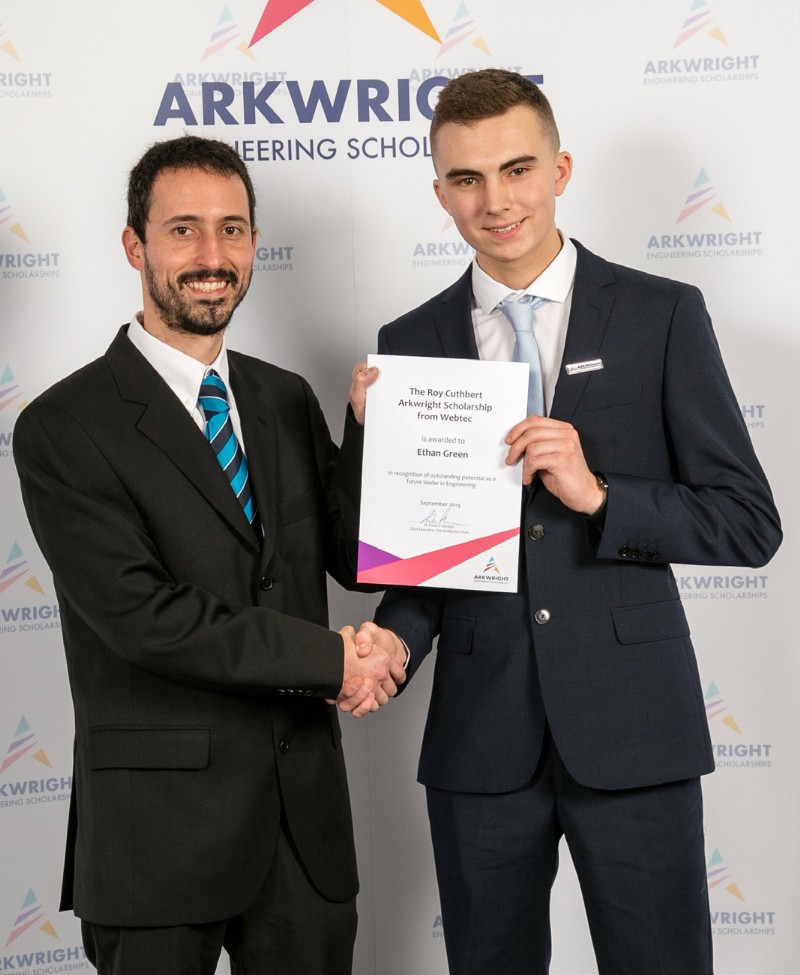 Diego Cossio, Development Engineer at Webtec seen here presenting the Roy Cuthbert Scholarship to Ethan Green